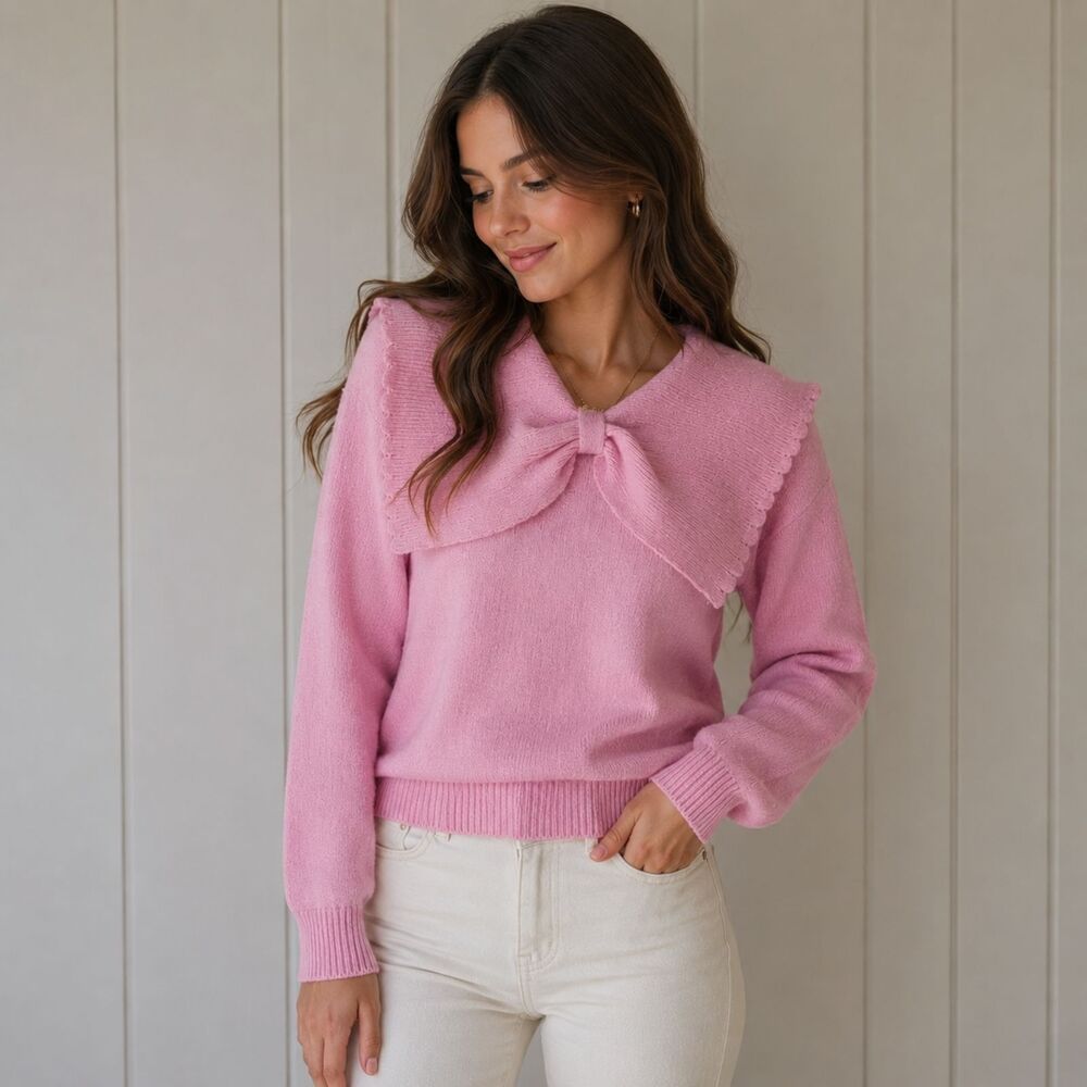 Pink Bow Collar Sweater Feminine Coquette Soft Girl Knit Pullover Romantic Top